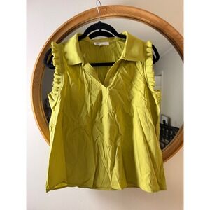 DR2 Sleeveless Top Women Size M Lime Green Excellent Ruffle Trim Polo V-Neck
